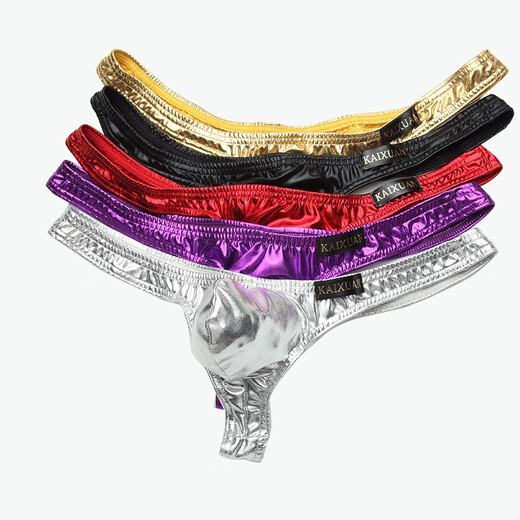 Men's patent leather large pouch bulging underwear low waist tight sexy U convex imitation leather T pants leaking buttocks and empty thong panties black S