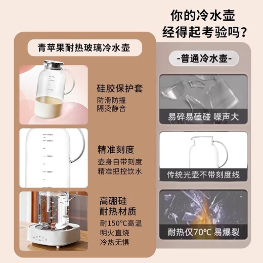 Green Apple Cold Kettle Glass Kettle High Temperature Resistant Cool Kettle Household Large Capacity Juice Cold Brew Kettle Tie Kettle Cold Water Cup Set 2.5L Poppy Kettle Scale Model + Protective Clothes