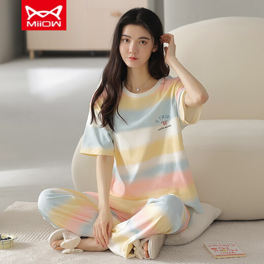 猫人（MiiOW）纯棉睡衣女春夏季短袖长裤网红宽松韩版家居服秋季可外穿套装 T-9711 M （80-斤）