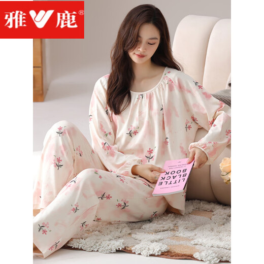 Yalu Guofeng spring and autumn long-sleeved pajamas set for women cotton summer and winter style with chest pad integrated large size home clothes can be worn outside HRY1047 M recommended 75-95Jin Jin equals 0.5 kg)