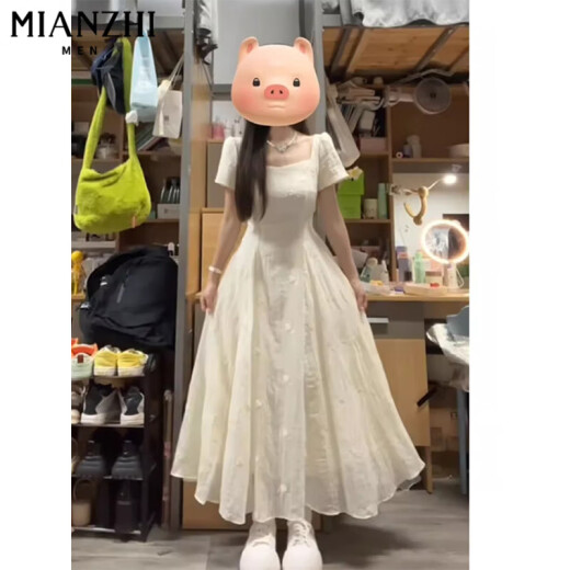 棉致法式高级感方口领连衣裙女2025夏季新款小个子收腰显瘦长裙 6645杏色【高品质45.5】 M 95-110斤