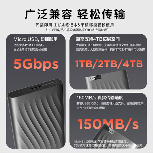 联想（Lenovo）2TB 移动硬盘F309Pro USB3.0接口 2.5英寸 机械硬盘 轻薄便携高速传输 笔记本电脑外置