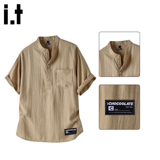 CHOCOOLATE it linen short-sleeved top men's summer thin breathable solid color casual t-shirt henley shirt khaki M recommended 105-120Jin Jin equals 0.5 kg