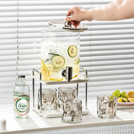 Same style as Atour Hotel, glass cold kettle with faucet, large capacity household fruit tea beverage bucket, 8L silver juice bucket + ceramic shelf + 4 twist cups