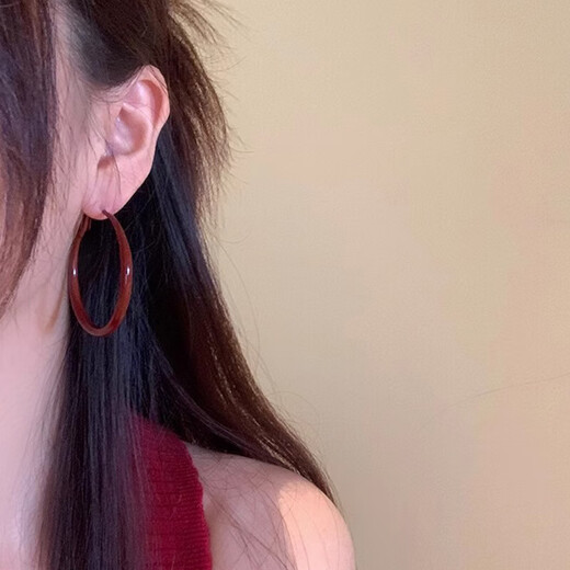 Anchor red hoop earrings for women, retro Hong Kong style high-end temperament ear hoops, hot girl ear jewelry, red hoop earrings 5cm pair