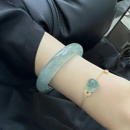 Laokeng Jade Bracelet Burmese Jade Bracelet Women's Peace Bracelet Ice Type Light Green Oil Green Floating Flower Jade Bracelet Positive Circle Ring Mouth 55-56mm