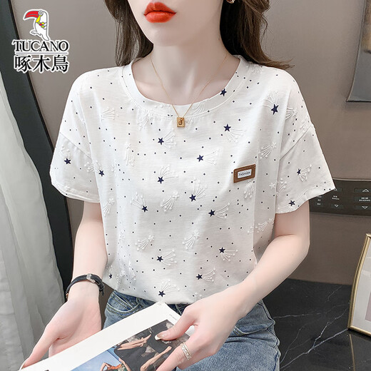 Woodpecker pure cotton loose printed T-shirt women's trendy summer wear new versatile T-shirt top 1396# white L suitable for 110-119Jin Jin equals 0.5 kg