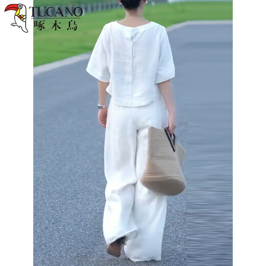 啄木鸟夏季感时尚棉麻套装女大码宽松显瘦百搭阔腿裤棉麻两件套 轻薄关注店铺【优先发货】白色套 S 建议80-90斤