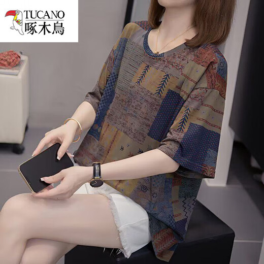 啄木鸟品牌2025夏装加大码时尚百搭纯棉短袖T恤女胖mm200斤显瘦遮肚子上 6627蓝色 M 80-95斤