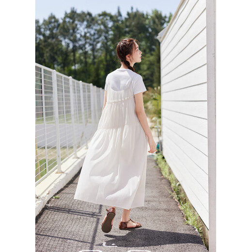 Zihan (ZIHAN) Zihan pure white round neck short-sleeved T-shirt lace suspender dress two-piece suit for women 2025 summer new style Almond White M