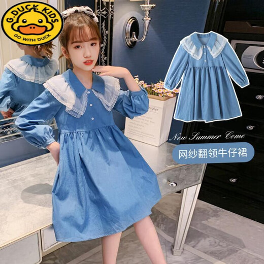 G.duck girls dress spring and autumn 2024 new medium and large children Korean style long-sleeved denim skirt girl fashionable princess dress blue 140 recommended height 130-140cm age 8-9 years old
