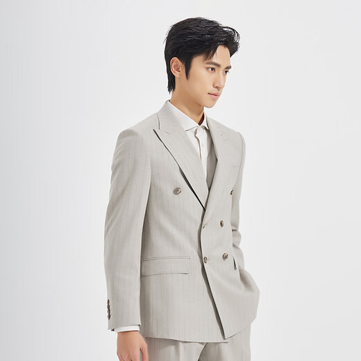 Lilang Youth Business Men's Wear, Shopping Mall Same Style Suit, Men's Lapel Double-breasted Striped Formal Two-piece Set, Khaki Gray (1YA) 190A