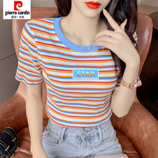 初径彩色条纹短袖t恤女夏装新款韩版修身百搭体恤印花短款上衣 9901#橘色条纹 S 建议70-89斤