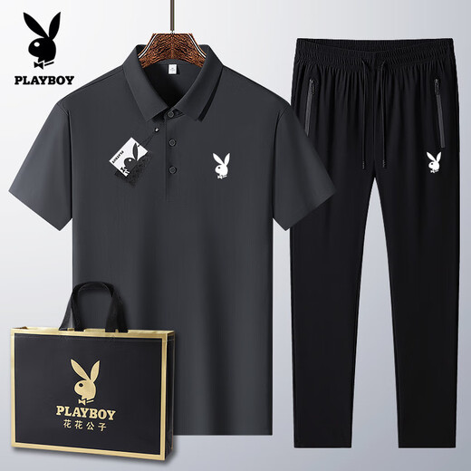 花花公子（PLAYBOY）高端夏季新款男士冰丝宽松大码短袖t恤中年休闲运动速干舒适 6630-乌兰 【短袖+长裤】 M 建议95-110斤