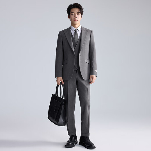 Lilang Youth Business Men's Wear Light and Dark Stripes Suit Men's Peaked Collar Stretch Easy-Care Suit Three-piece Set Gray Coffee (1SA) 180A