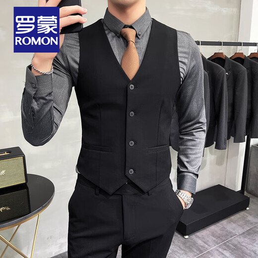 ROMON Slim Suit Vest Suit Male Wedding Groomsmen Group Dress Business Casual Large Size Work Wear Vest Top Black Single Vest M
