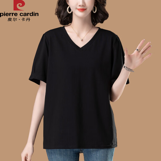 Pierre Cardin pure cotton short-sleeved t-shirt for women 2025 new summer loose sweetheart neck large size middle-aged and elderly mother V-neck t-shirt black KSP-9896 L suitable for -115Jin Jin equals 0.5 kg