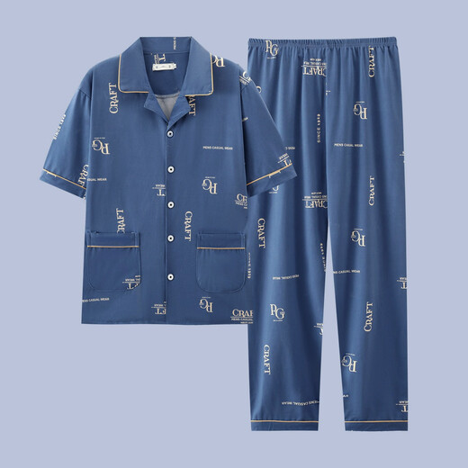 Kuzhang (Kuzhang) Pajamas de pijama para hombres Pantalones de manga corta de verano puro algodón delgada de los adolescentes La ropa para el hogar se puede usar afuera con un traje casual de mayor tamaño G48 Pantalones de manga de manga azul.