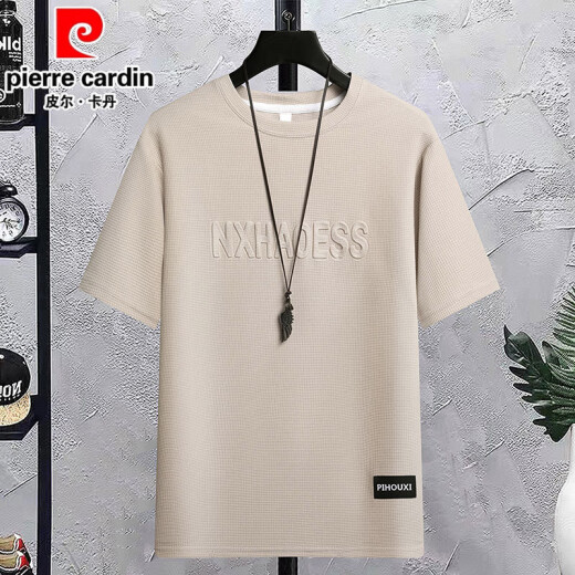 皮尔卡丹（pierre cardin）华夫格短袖t恤男夏季2025新款潮流圆领半袖青少年上衣宽松大码潮 829高级灰 M 建议穿90-110斤
