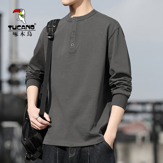 Woodpecker men's sweatshirt 2025 new spring and autumn long-sleeved T-shirt men's high-end heavyweight cotton Henry collar bottoming shirt men's gray L