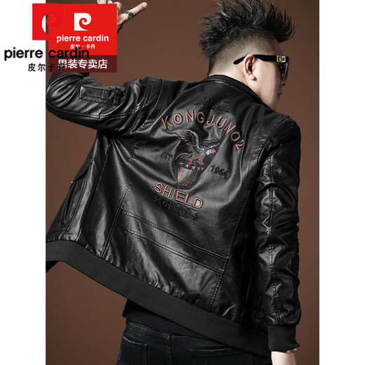 Pierre Cardin 2025 New Spring and Autumn Lapel Men's Leather Jacket Men's Leather Jacket Embroidered Letter Jacket Casual GZ-Black XL 110-130Jin Jin is equal to 0.5 kg