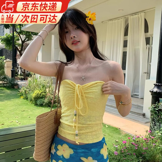 Qingbilin tube top strappy sexy top for women 2025 new summer seaside vacation style photo wear with atmosphere strap tube top yellow L