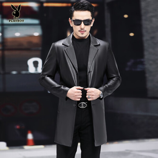 Playboy (PLAYBOY) 2025 new style genuine leather jacket men's leather jacket suit mid-length suit handsome youth windbreaker jacket black M / 100 115Jin Jin equals 0.5 kg