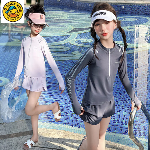 G.DUCKKIDS girls' split long-sleeved swimsuit, fashionable new style, children's swimsuit for big children and little girls, internet celebrity sun protection sports suit, purple pink 150 cm