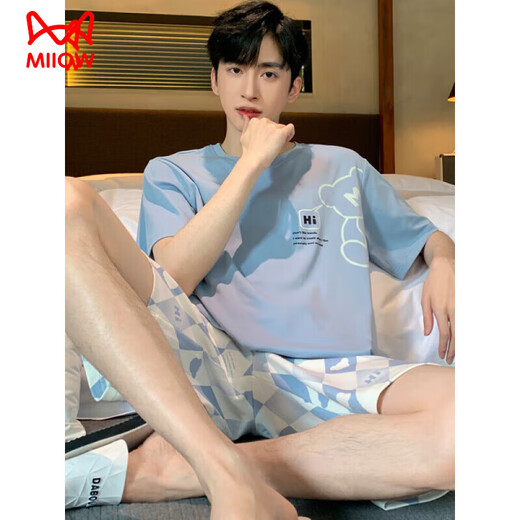 猫人（MiiOW）2025年新款男士睡衣夏季莫代尔薄款短袖短裤夏天可外穿 6198蓝莫代尔套装 L 90-120斤