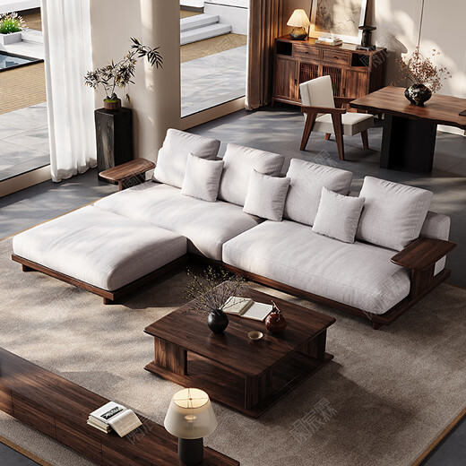 Lanchenlin Song's Aesthetic Black Walnut Solid Wood Sofa New Chinese Style Living Room 2025 New Combination Straight Sofa Home 2.62 Meter Three-Seater + Double + Single + Coffee Table
