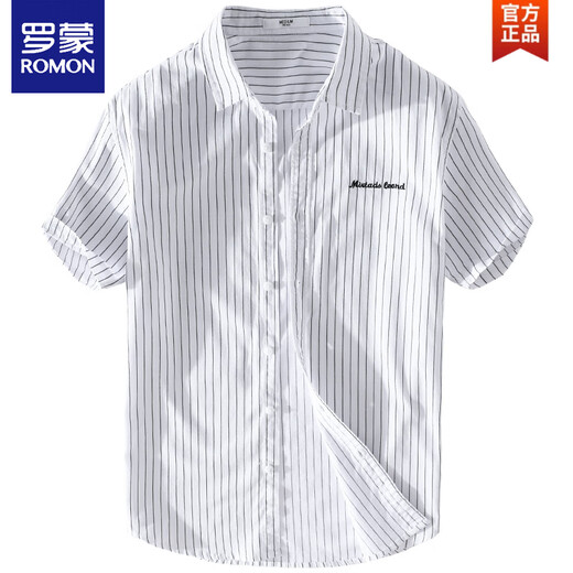 
ROMON men's striped shirt short sleeve loose summer thin Japanese casual versatile cotton shirt summer clothes 9740 black 2XL 145Jin [Jin equals 0.5 kg]