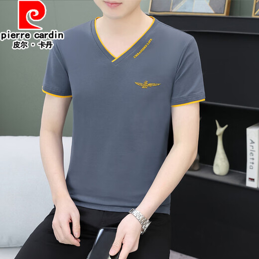 Pierre Cardin Sommer Herren kurzärmelig T-Shirt Pure Cotton V-förmige Ausschnitt Trendy Slim halbärmelte Jugendlosen-Casual-Top Dünn Sweatshirt Black Qy693 m