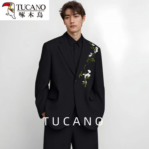 Woodpecker New Chinese Suit Camellia Embroidery Loose Chinese Style Men's Handsome Jacket Wedding Suit Obsidian Black Jacket XL