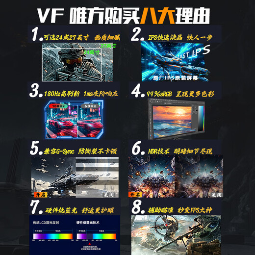 VF显示器24英寸台式电脑显示屏2K高清27曲面180hz电竞游戏IPS液晶屏幕办公4K家用笔记本外接32扩展屏 24英寸【1K-144HZ】直面黑