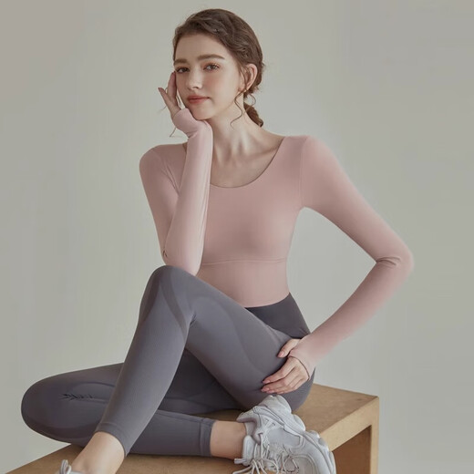 Gu Jianmu Yoga Wear Women's Spring and Summer Style Fixed Cup Sports Top Running Pilates Training Fitness Wear Long Sleeve Light Pink Top Fixed Cup + Patterned Gray Pants L L120-140Jin Jin equals 0.5 kg