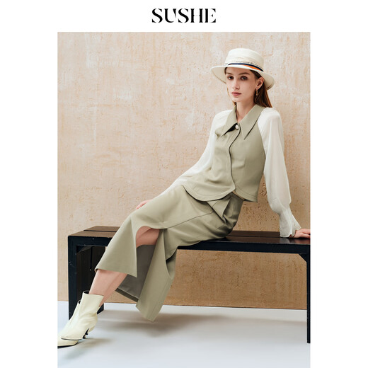 SUSHE Crescent Moon Deconstruction Wool Spliced Sleeve Cropped Top and Waist Straight Skirt Set Licorice Green-Skirt S