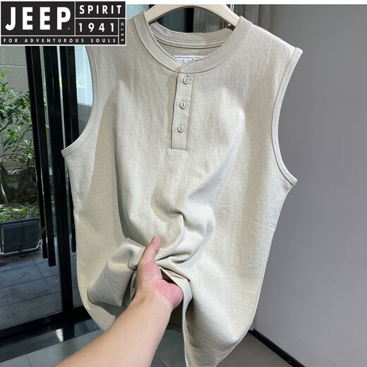 JEEP SPIRIT Henry collar tough guy style vest American heavyweight cotton washed sleeveless waistcoat T-shirt men's fitness sports undershirt beige green 2XL 170-190Jin Jin equals 0.5 kg