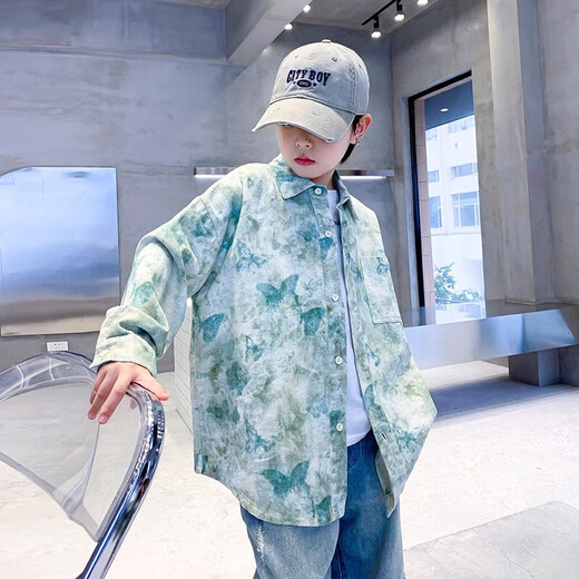 Boys autumn fashion trendy tie-dye shirt thin jacket 2025 new style medium and large children spring and autumn handsome loose top JHP-5508 Green 170