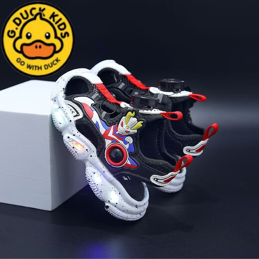 G.duck little yellow duck non-slip soft bottom children's Ultraman lighted toe sandals summer boys rotating button children's sandals black beach shoes size 22 inner length 14cm