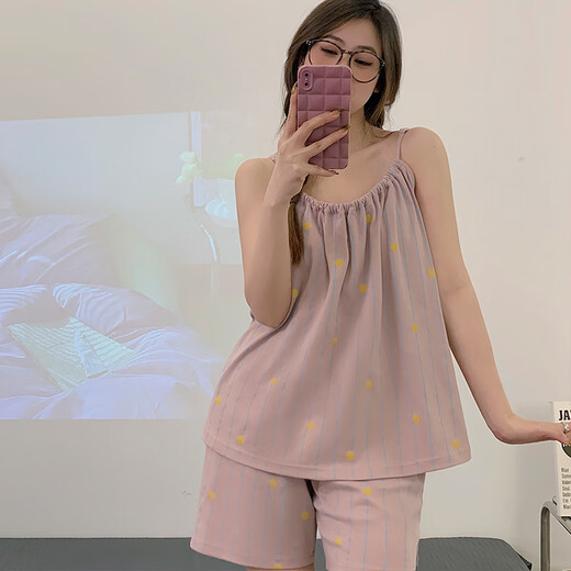 山头林村条纹圆点吊带短裤睡衣女款夏季天薄款带胸垫新款性感家居服可外穿 AF9207 小云朵 套装 固定胸垫 M