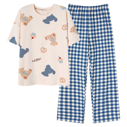 Cat Man 100% Pajamas de algodón puro para mujeres en pantalones de manga corta de verano ropa casual de mujeres para mujeres sueltas se puede usar gran tamaño fuera del traje 675 Apricot azul L [recomendado 100-120 Jin [Jin iguala 0.5 kg]]]