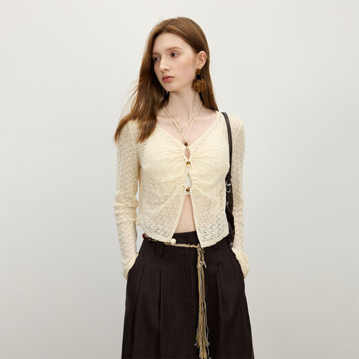 Fanslanen seaside resort-feeling knitted T-shirt blouse relaxed casual women's 2025 summer new top 2544 beige M