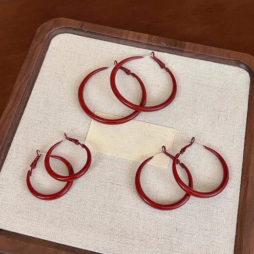 Anchor red hoop earrings for women, retro Hong Kong style high-end temperament ear hoops, hot girl ear jewelry, red hoop earrings 5cm pair