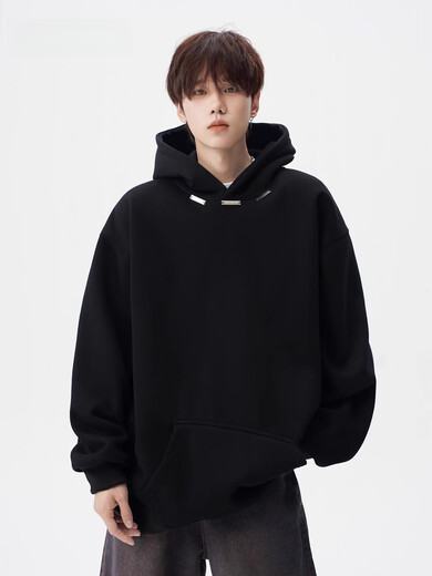 OEMG American heavyweight casual hooded velvet thickened sweatshirt men's autumn and winter coat, loose and versatile, velvet black XL recommended 110-130Jin Jin equals 0.5 kg