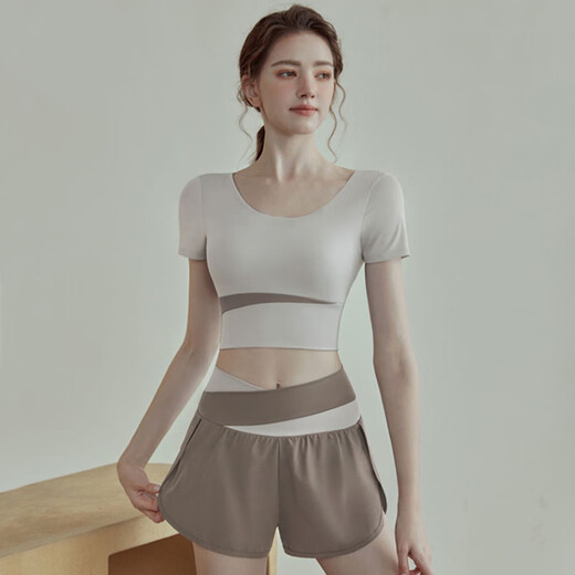 Victoria Traveler yoga wear women's running sports suit autumn and winter fitness wear Pilates short-sleeved shorts with chest pad white L