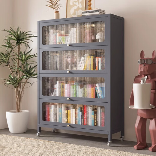 儿童书柜钢制上翻门收纳柜多层落地储物柜客厅卧室阳光板展柜书架 白色5门-高1695*宽500mm-方形门