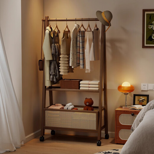 Thorough medieval coat rack floor-standing bedroom home clothes rack multi-functional storage rack removable simple clothes rack walnut color 60CM-with wheels