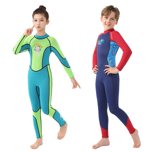 Ride ship children's swimming wetsuit 3mm sun protection warm baby swimsuit one-piece long-sleeved cartoon student swimming suit for men and women green and blue one size fits all 4_#
