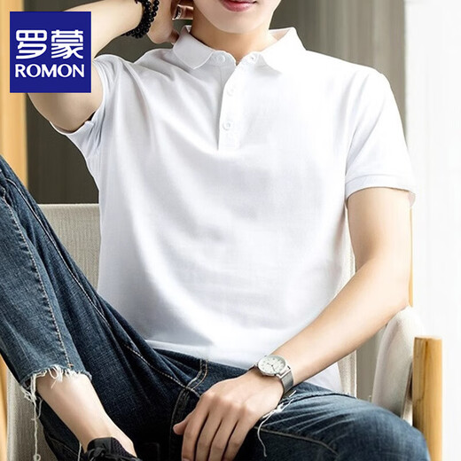 ROMON short-sleeved T-shirt men's business polo shirt men's summer casual short-sleeved men's tops jacket men white XL