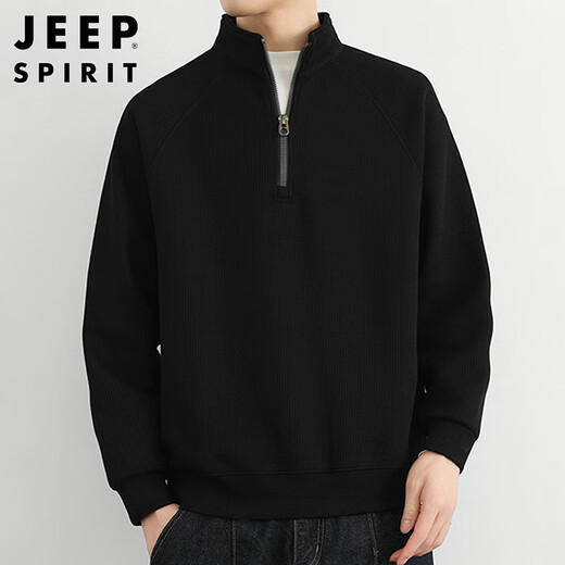 JEEP SPIRIT Jeep half-zip sweatshirt men's autumn and winter Korean style stand-up collar sweater men's trendy top olive green XL